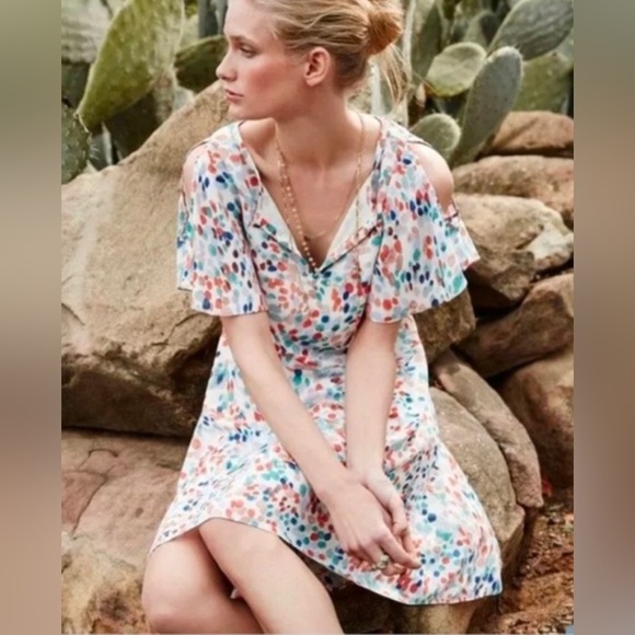 Maeve Dresses & Skirts - Anthropologie Maeve Flutter Sleeve High Low Dress Watercolor Dot Size‎ Small
